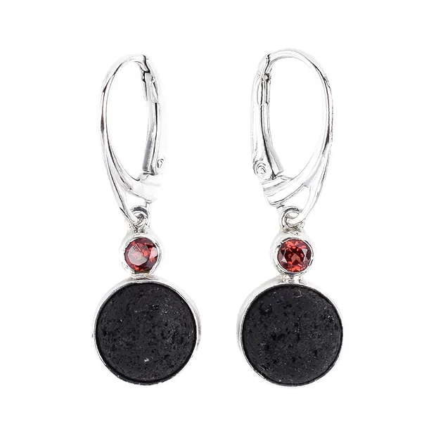 Ohrhänger Lava-Cabochon rund, Granat, 3,5cm, rhodiniert | Marco Schreier