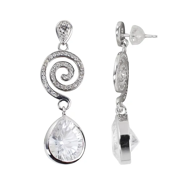 Pendientes Cristal de roca, gota (13 x 10mm) talla cóncava, 4,2cm, rodinado | Marco Schreier