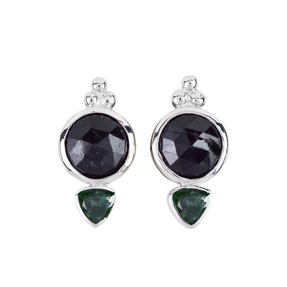 Pendientes Turmalina negra redonda facetada, turmalina trillón, 2,2 cm, rodinados | Marco Schreier