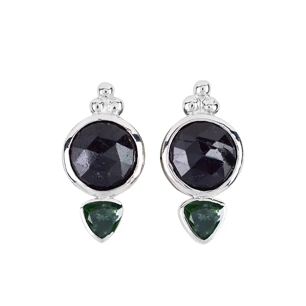 Clous d'oreilles Schorl rond facetté, tourmaline Trillion, 2,2cm, rhodié | Marco Schreier