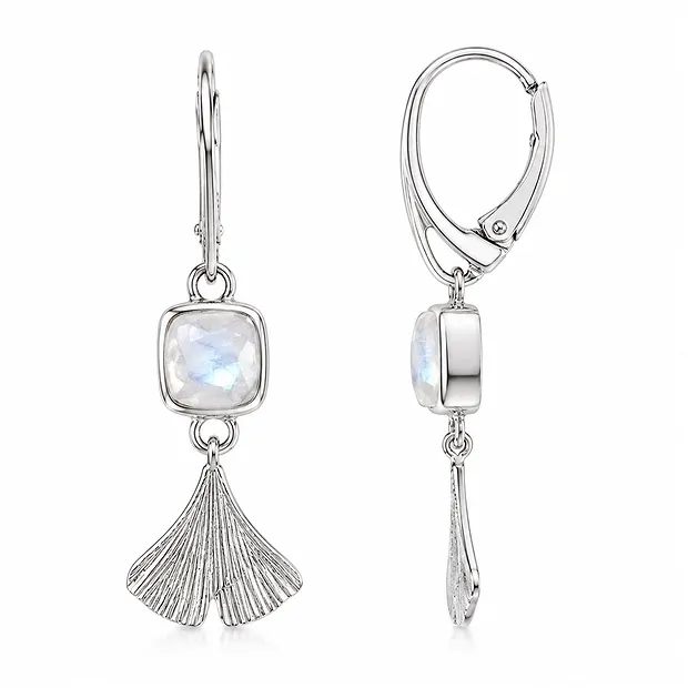 Earrings labardorite (white) Cussion, ginkgo leaf, 4.3 cm | Marco Schreier