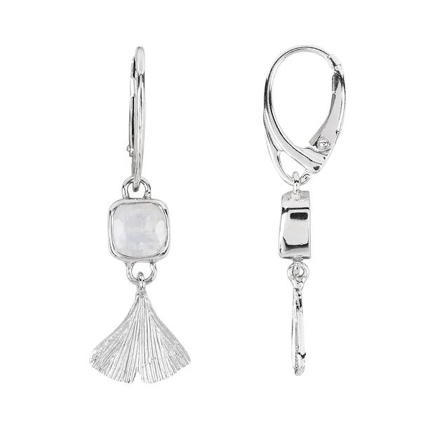 Boucles d'oreilles avec crochets en labardorite (blanche) Cussion, feuille de ginkgo, 4,3cm | Marco Schreier