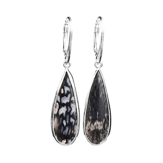 Petrified Palm Wood drop earrings, 5.1 cm, rhodiniert | Marco Schreier