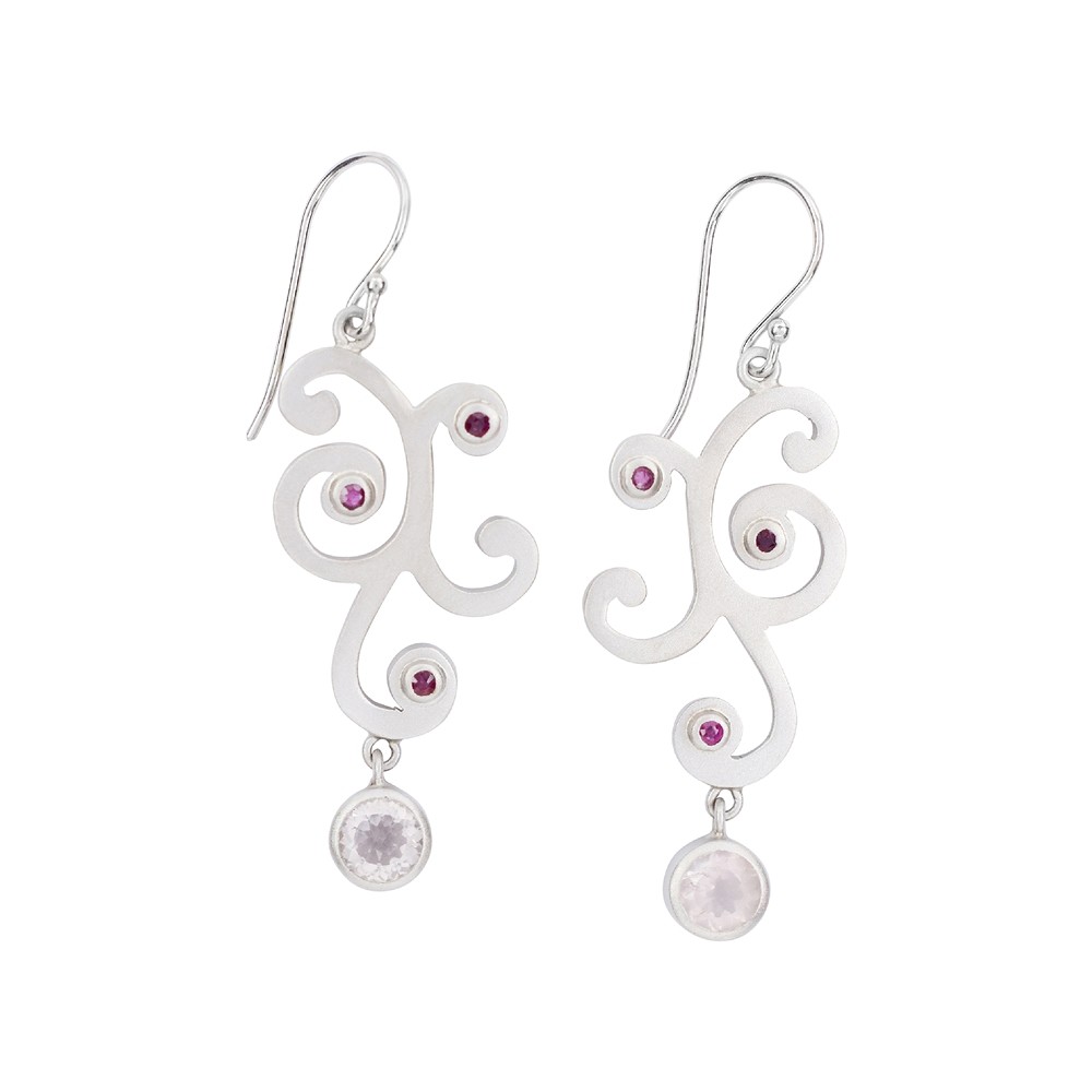 Earrings tendril, Rose Quartz, Ruby, 5.3 cm, rhodiniert | Marco Schreier