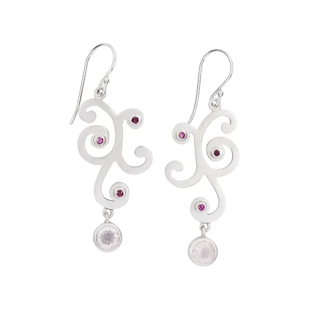 Boucles d'oreilles avec crochets, Quartz rose, Rubis, 5,3cm, rhodié | Marco Schreier