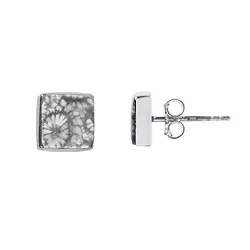 244018210341 Ohrstecker versteinerte Koralle, Quadrat (9mm), 1,0cm, rhodiniert | Marco Schreier