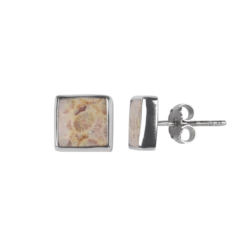 Petrified Coral Earstuds, square (9mm), 1.0cm, rhodiniert | Marco Schreier