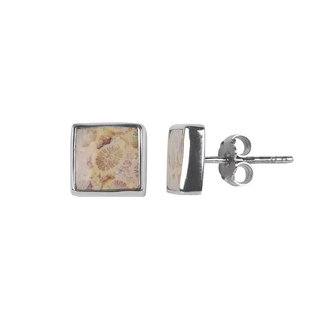 Petrified Coral earstuds (brown), square, 1.0 cm, rhodiniert | Marco Schreier