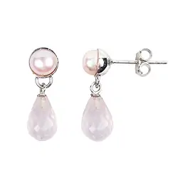 244018210344 Earstud Rose Quartz briolette, pearl, 2.2 cm, rhodiniert | Marco Schreier