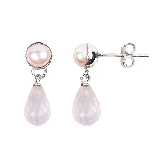 Earstud Rose Quartz briolette, pearl, 2.2 cm, rhodiniert | Marco Schreier