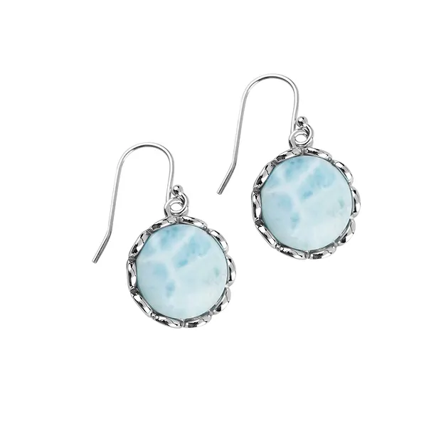 Ohrhänger Larimar rund (14mm) mit Blütenfassung, 3,6cm, rhodiniert | Marco Schreier