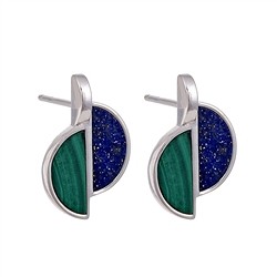 244018220373 Clous d'oreilles Malachite, Lapis-lazuli semi-ovale (11 x 5mm), 1,9cm, rhodié | Marco Schreier