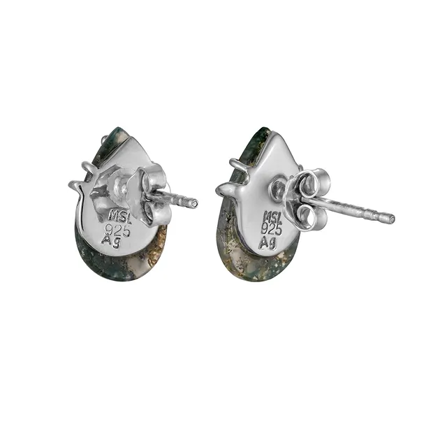 Pendientes de botón de ágata musgo, en forma de gota, 14 × 9 mm, rodinado | Marco Schreier