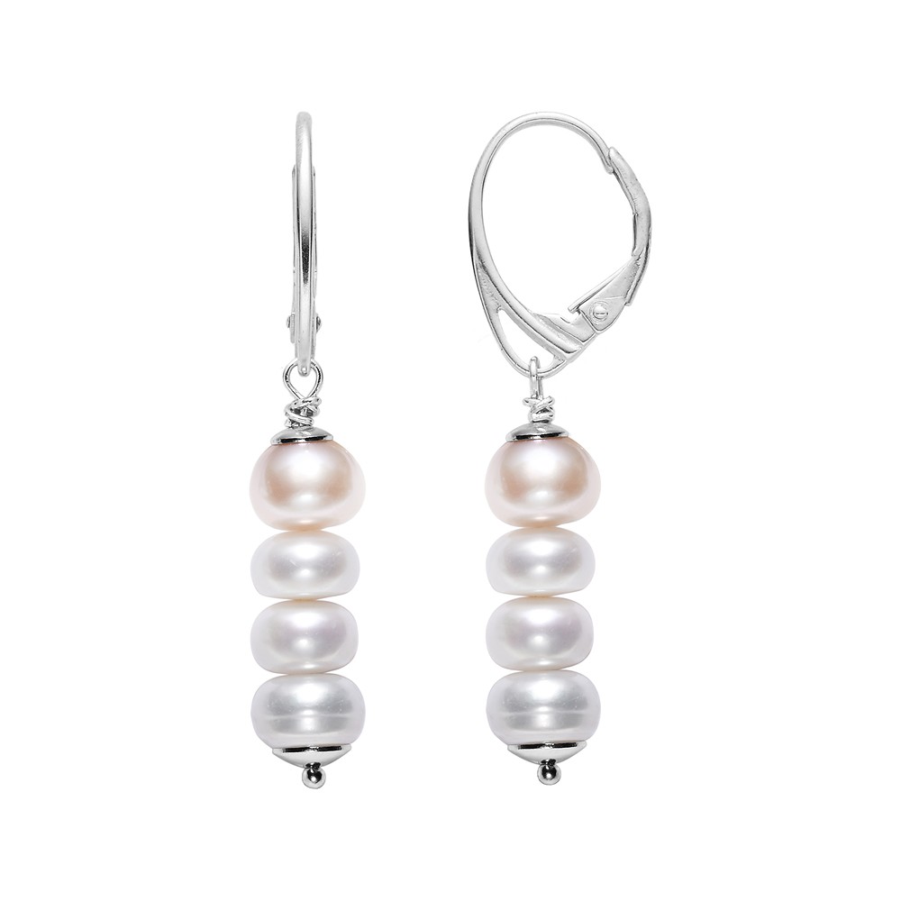 Pendientes colgantes de perla y botón (blanco/rosa), 1,2 x 4,5 mm, rodinado | Marco Schreier