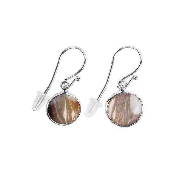 Boucles d'oreilles avec crochets, Agate de prairie (fossile végétal) rond, 3,2cm, platiné | Marco Schreier