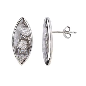 Pendientes de coral petrificado, Navette (20 x 8 mm), 2,2 cm, platinados | Marco Schreier