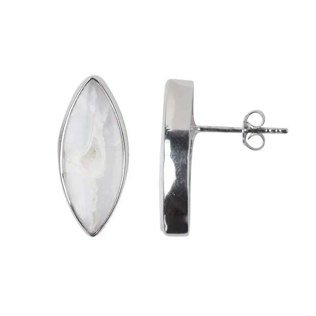 Clous d'oreilles Agate (Druzy blanche), marquise (20 x 8mm), 2,2cm, platiné | Marco Schreier