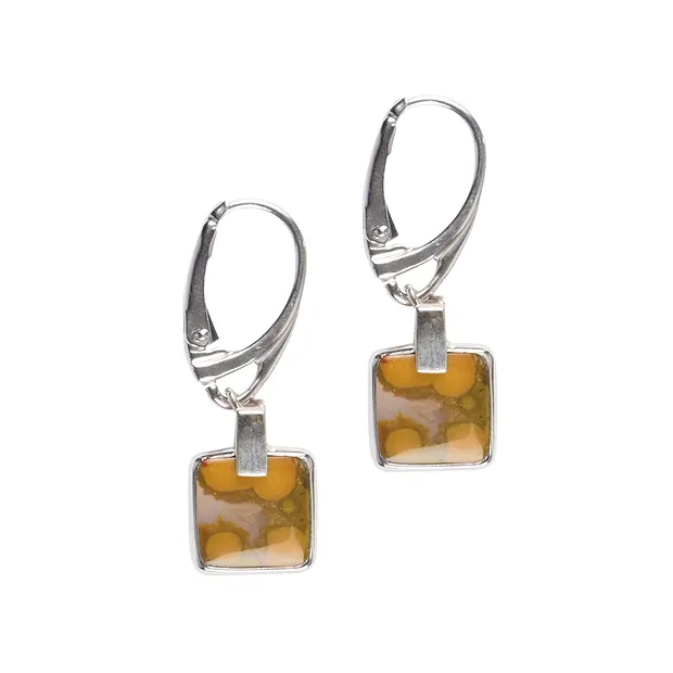 Boucles d'oreilles avec crochets en Jaspe océan, carré (10 x 10mm), 3,4cm, platiné | Marco Schreier