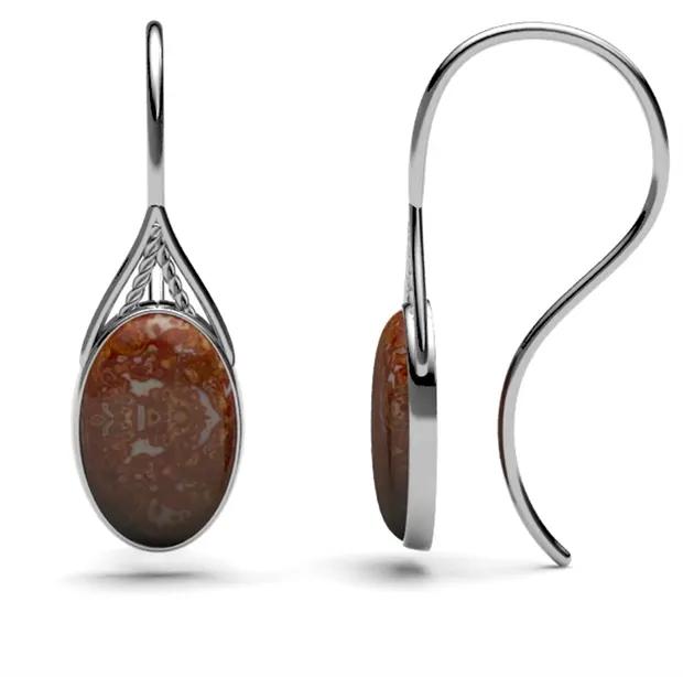 Boucles d'oreilles avec crochets en bois de palmier pétrifié, ovale, 3,8cm, platiné | Marco Schreier