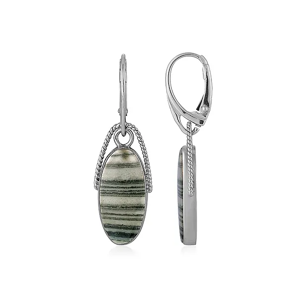 Earrings zebra jasper (green), oval (22 x 10mm), 4.3cm, platinum plated | Marco Schreier