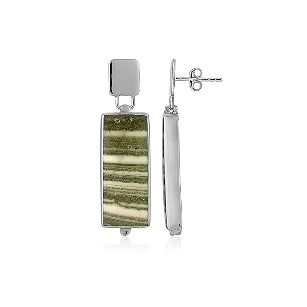 Ohrstecker Zebra-Jaspis (grün), Rechteck (25 x 11mm), 3,9cm, platiniert | Marco Schreier