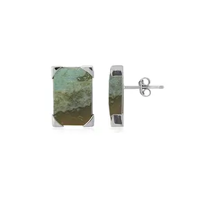 Pendientes de botón, madera fosilizada (verde), rectángulo, 1,7 cm, platinado | Marco Schreier
