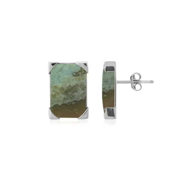 Pendientes de botón, madera fosilizada (verde), rectángulo, 1,7 cm, platinado | Marco Schreier