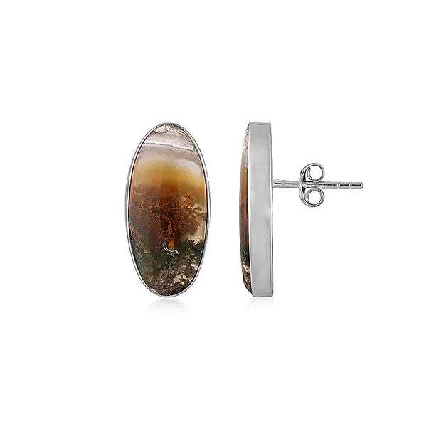 Clous d'oreilles Agate mousse (jaune), ovale (21 x 10mm), 2,2cm, platiné | Marco Schreier