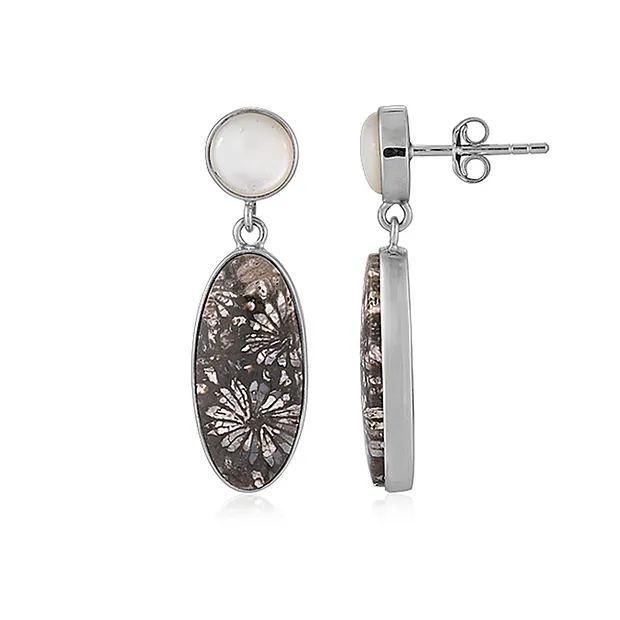Pendientes, Coral petrificado, oval (22 x 10 mm), Madre Perla, 3,6 cm, platinado | Marco Schreier