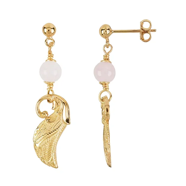Clous d'oreilles boule de Quartz rose (6,5mm), aile, 4,4cm, doré | Marco Schreier