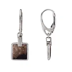 244118302474 Earrings Petrified Palm Wood squares (10 x 10mm), 3.3cm, rhodiniert | Marco Schreier