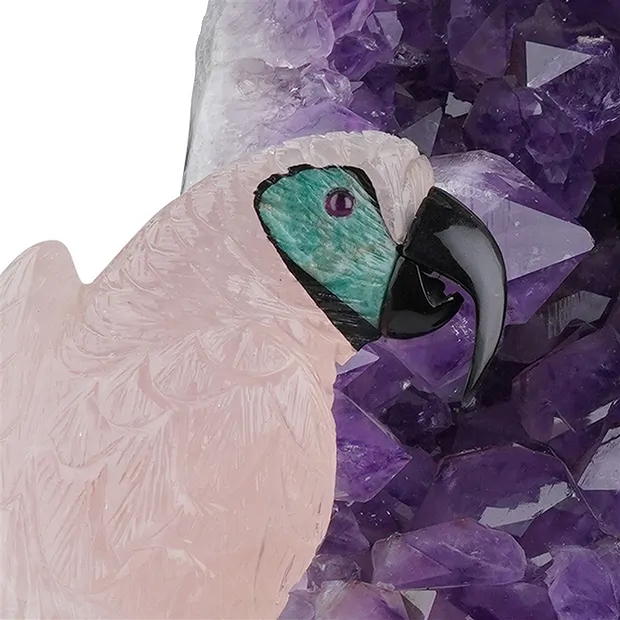 Engraving parrots Rose Quartz, unique piece 040, 46cm | Marco Schreier