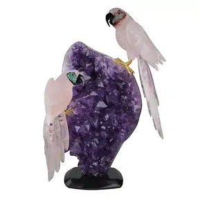 Gravur Papageien Rosenquarz, Unikat 040, 46cm | Edelsteine, Heilsteine & Schmuck