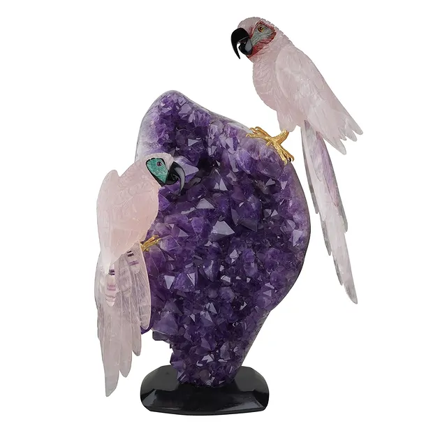 Engraving parrots Rose Quartz, unique piece 040, 46cm | Marco Schreier