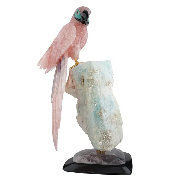 Incisione pappagallo Quarzo rosa unico 053, 48cm | Marco Schreier