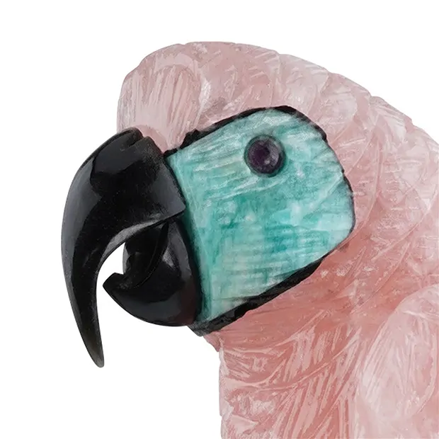 Incisione pappagallo Quarzo rosa unico 059, 26cm | Marco Schreier
