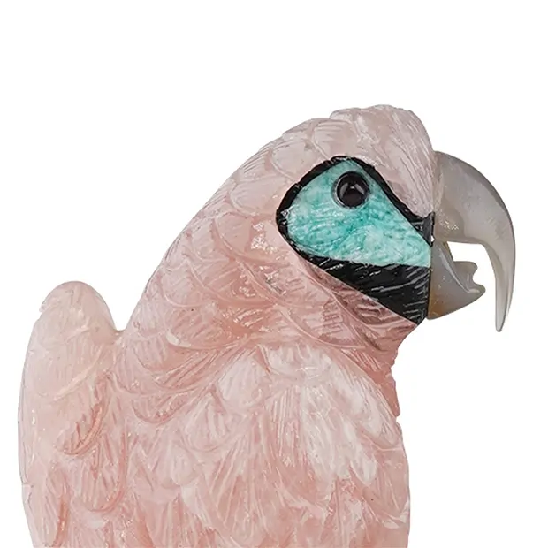 Gravur Papageien Rosenquarz, Sodalith Unikat 061, 37cm | Marco Schreier