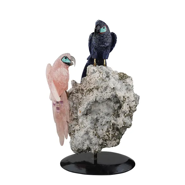 Gravur Papageien Rosenquarz, Sodalith Unikat 061, 37cm | Marco Schreier