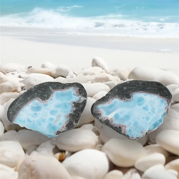 One side polished piece pair Larimar, 6,0 x 1,5cm, unique 018 | Marco Schreier