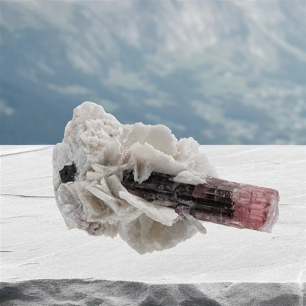 Kristall Turmalin (pink) in Albit Unikat 001, 7,8cm | Marco Schreier