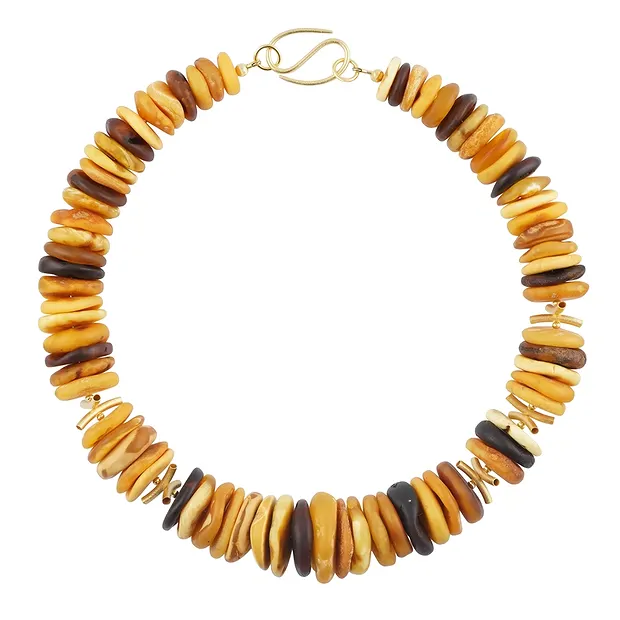Collana di dischi d'Ambra 15-27 mm, placcati oro, unico 005 | Marco Schreier