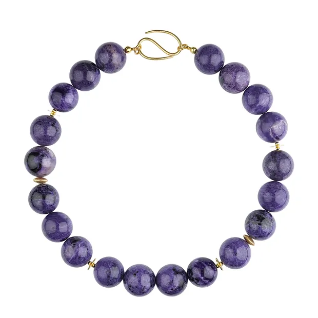 Collana di Charoite, perline (20 mm), placcate oro, unico 001 | Marco Schreier