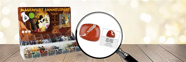 Display mit verschiedenen Trommelsteinen | GH Edelsteine, Heilsteine & Schmuck