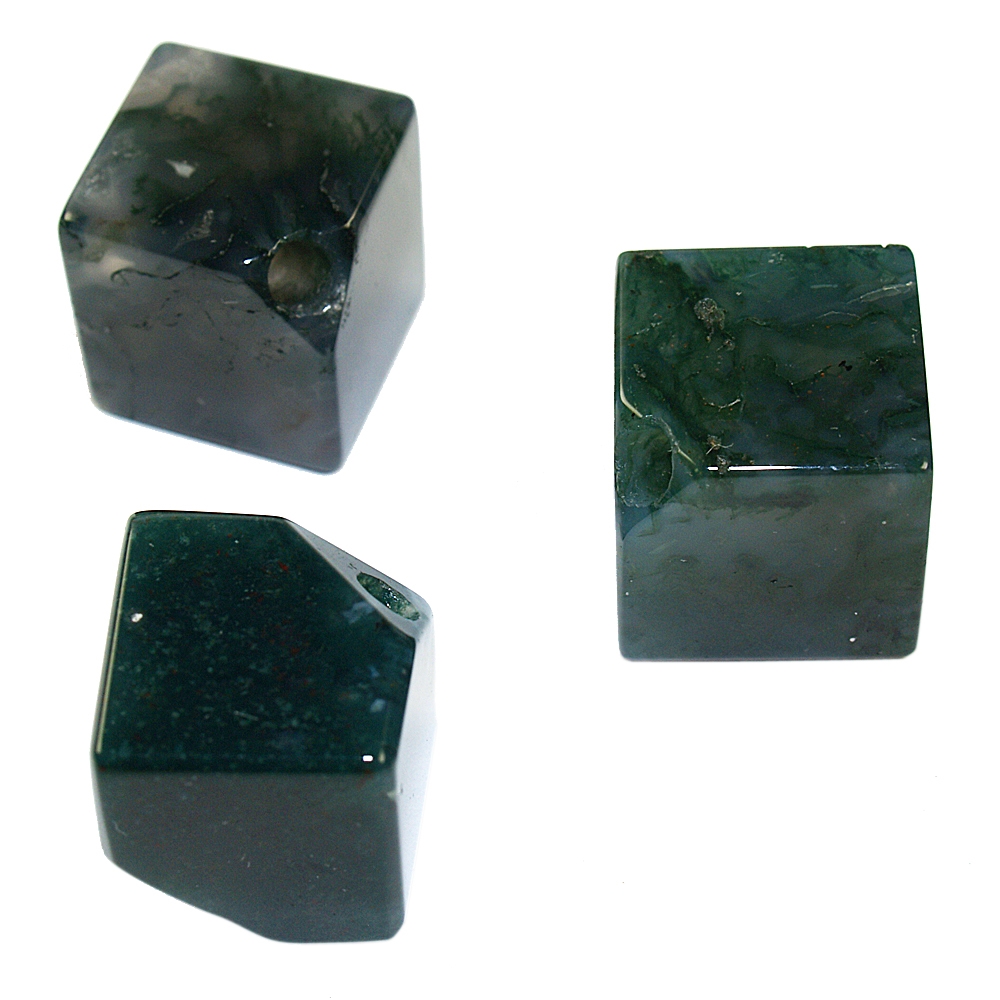 Cube Moss Agate A diagonally drilled, 10mm