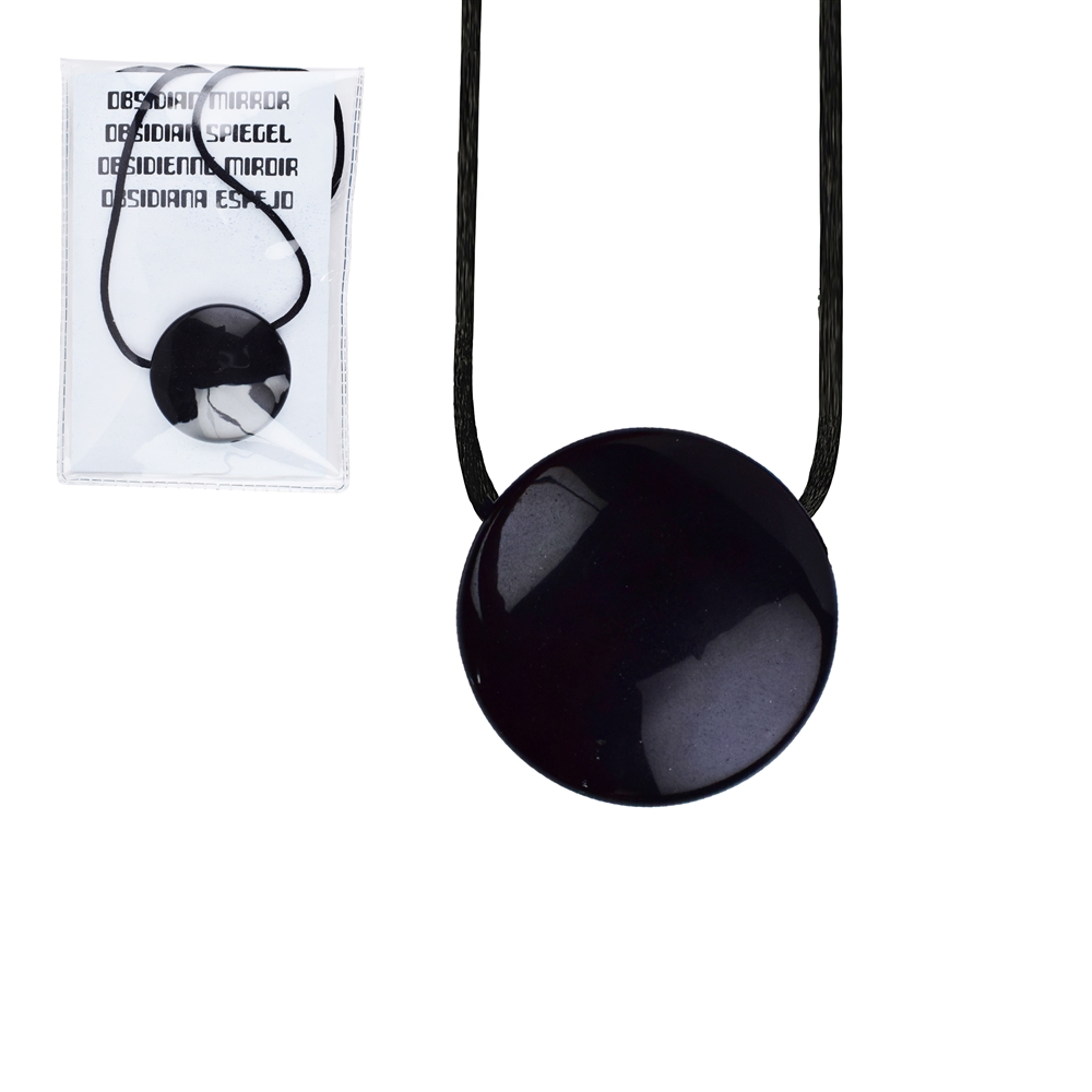 Miroir Obsidienne (noir) percé avec cordon, 4cm