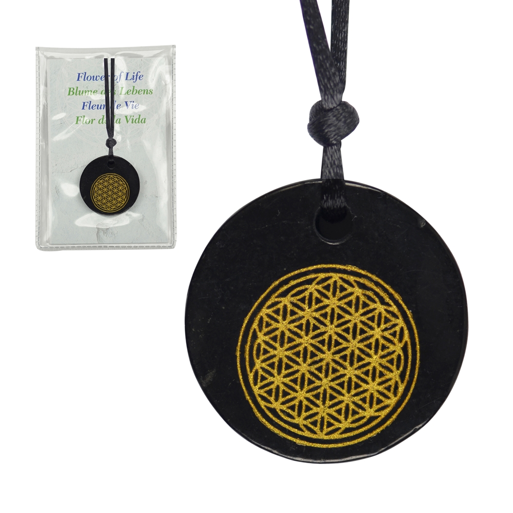 Plate front drilled schungite with "Flower of Life" gold colored, 3,5cm