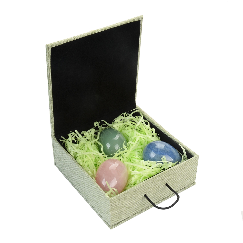  Coffret cadeau Œufs en pierres précieuses (Aventurine, Quartz bleu, Quartz rose)