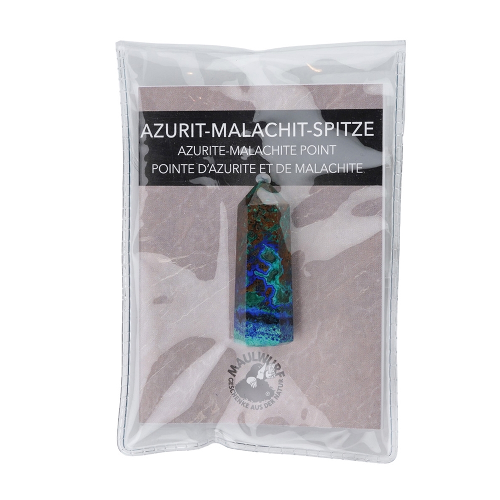 Punta lucida in azzurrite-malachite, 4,0 - 4,5 cm, con inserto in astuccio