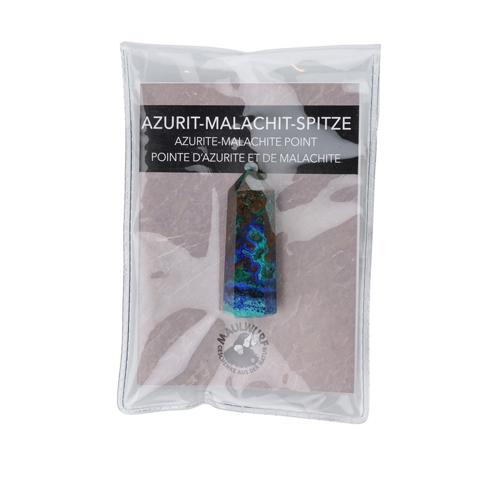 Punta lucida in azzurrite-malachite, 5,0 - 5,5 cm, con inserto in astuccio