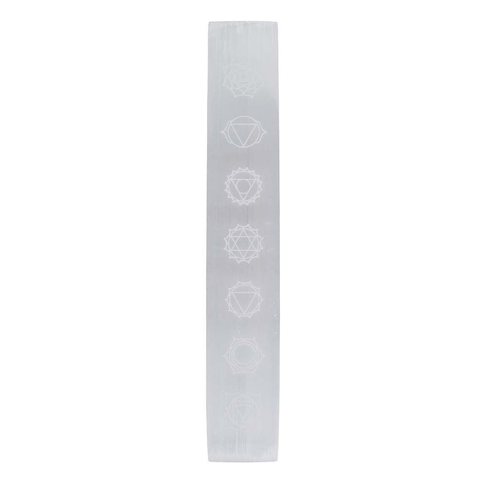 Bastone di selenite con simboli chakra, 20 cm